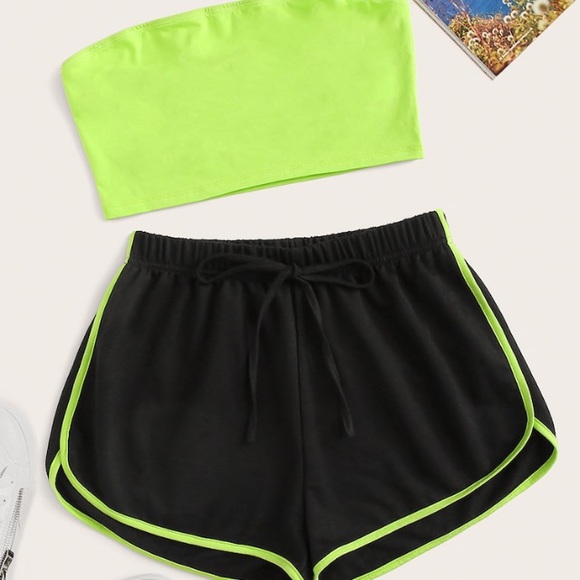 Neon Lime Bandeau Top & Track Shorts Set - Picture 1 of 1